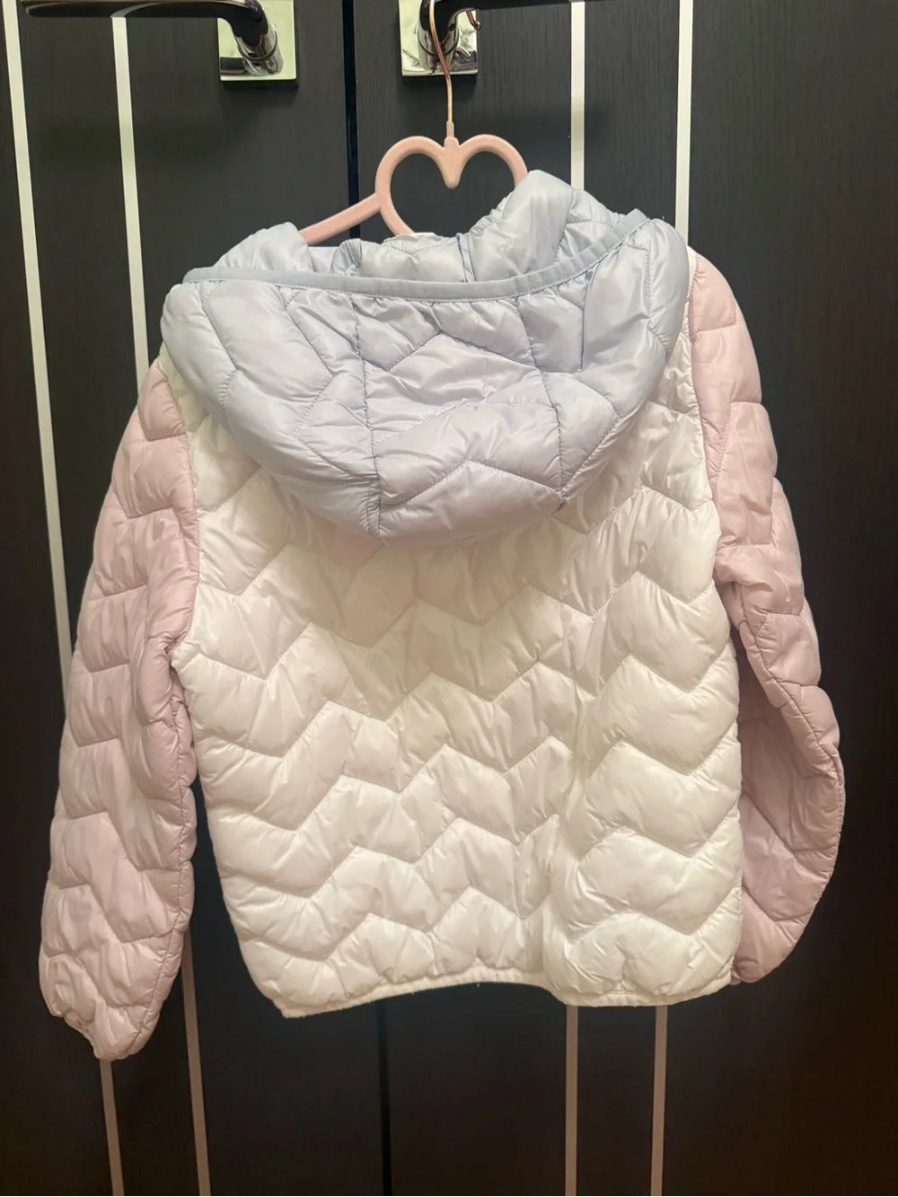 United Colors Of Benetton Pink, White & Light Gray Hooded Puffer Jacket